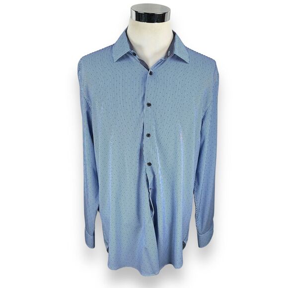 WRK Dress Shirt Men's 18 Blue 4 Way Stretch Slim Spread Collar Polka Dot Striped - Picture 1 of 10